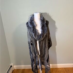 Gray Faux Fur Trimmed Shawl